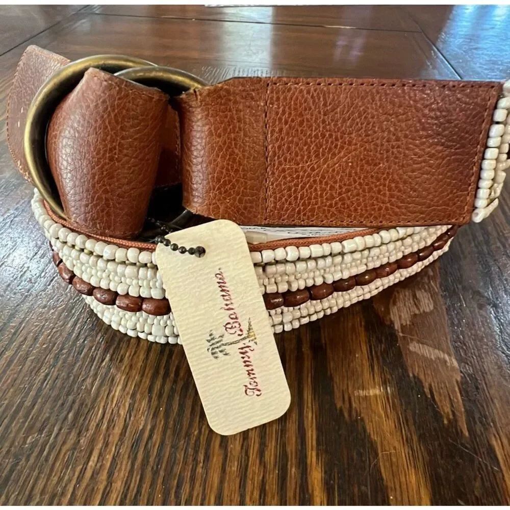 Tommy Bahama Beaded Leather Belt Brown Boho Nwt